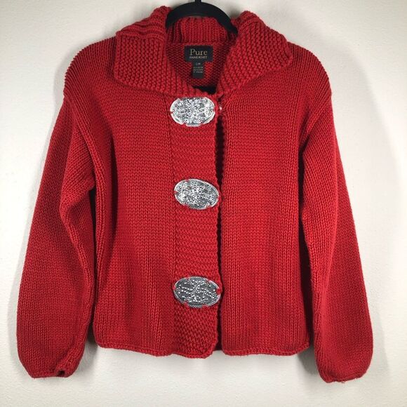 Pure Handknit Red Sweater Large Silver Medallion Button Details Size Small - Picture 1 of 6
